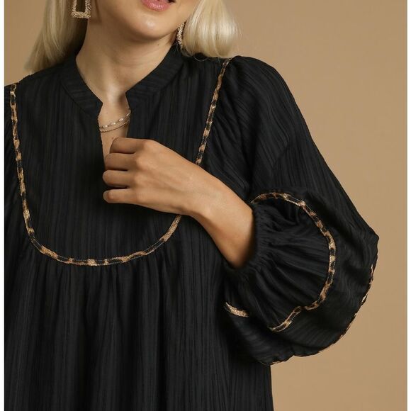 Umgee USA Umgee Ribbed Oversized Babydoll Dress Leopard Trim Sz  Md [6/8] - Picture 4 of 12